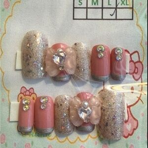 Glitter‎ and Pink Press-On Nails with Rhinestones